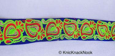 Royal Blue Art Silk Fabric Trim With Neon Green, Red & Gold Floral Embroidery, Indian
